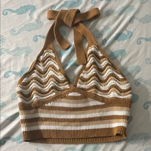 No Boundaries Tan and White Knit Halter Top